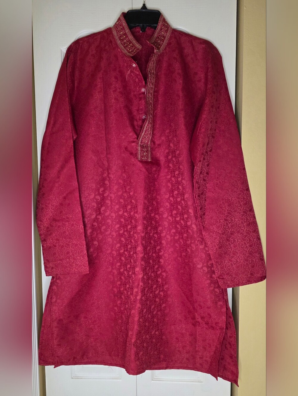 Men's Red Jacquard Kurta Band Collar Embroidery Placket 38